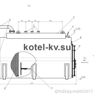Чертеж парового котла 1000 кг/ч твердотопливного вид сбоку