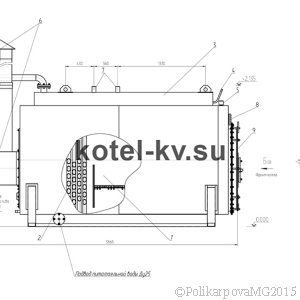 Чертеж парового котла 700 кг/ч твердотопливного вид сбоку